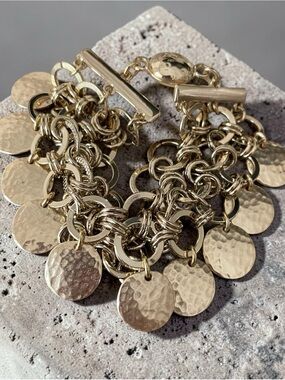 Gold Hammered Disc Charm Bracelet